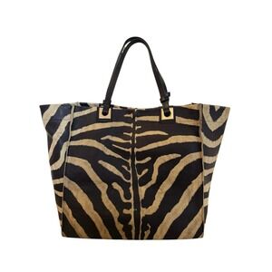 FURLA Italian Leather Zebra Print Tote Bag - Large Bold Animal Print Shopper